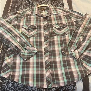 Helix Men's Plaid Button-Down Shirt in Teal, Black and White